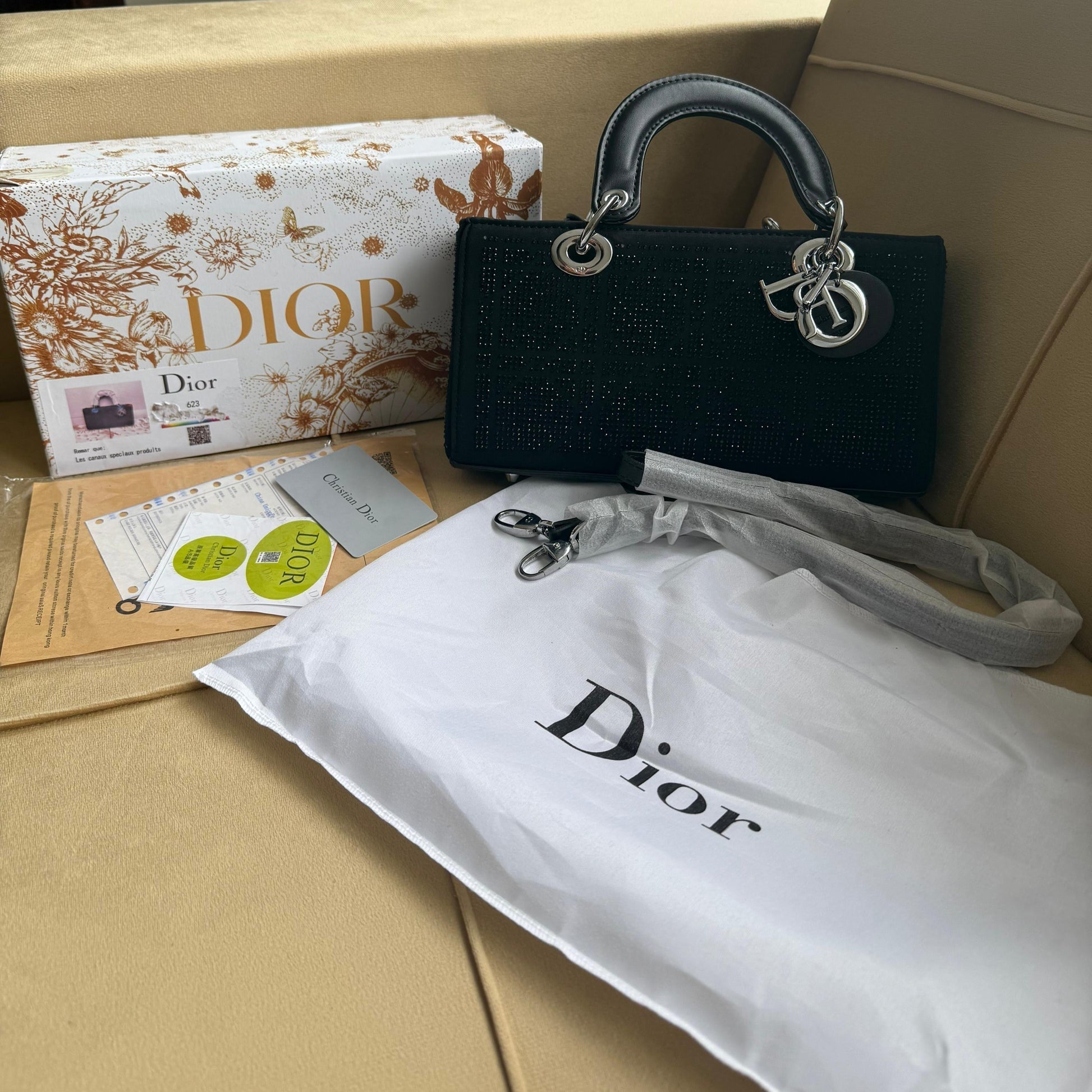 Christian dior Lady Dior Bag(BLACK cannage silk with crystal bead embroidery)