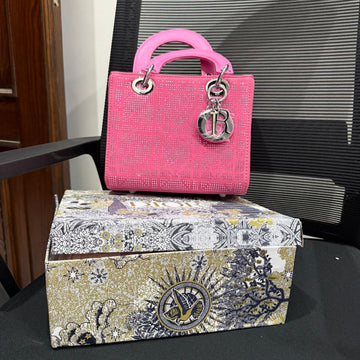 Christian dior Lady Dior Bag(PINK cannage silk with crystal bead embroidery)